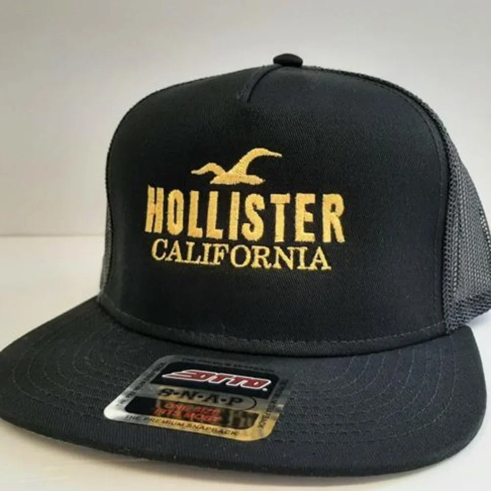 Hollister Flat Bill Trucker Mesh Snapback Cap Hat Black Embroidered Fashion